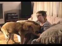 Busty whore got fucked on the couch by dog